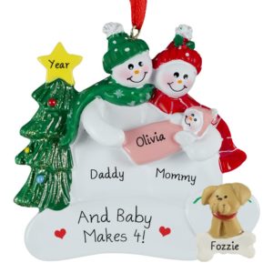 Proud New Parents Holding Baby GIRL + DOG Ornament