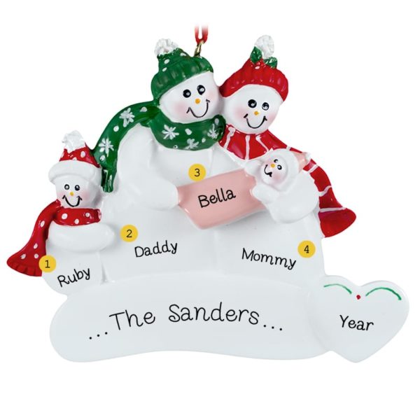 Image of Snow Couple Holding Baby GIRL + 1 Kid  Ornament