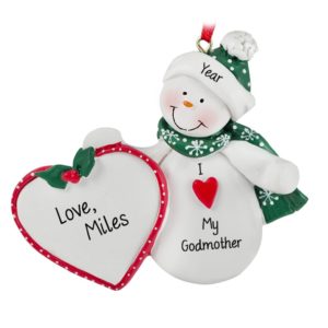 Image of Personalized Godmother Snowman Holding Heart Ornament
