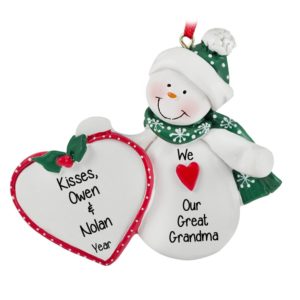 Personalized Great Grandma Snowman Holding Heart Ornament