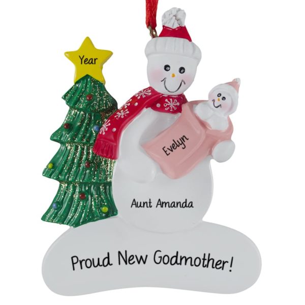 Proud New Godmother Snowman + Baby GIRL Ornament