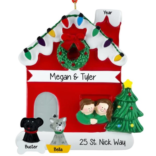 Couple With CAT & DOG House Lights Ornament BROWN Hair