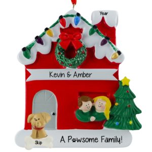 Couple With DOG House Lights Ornament Male BROWN Hair Female BLONDE