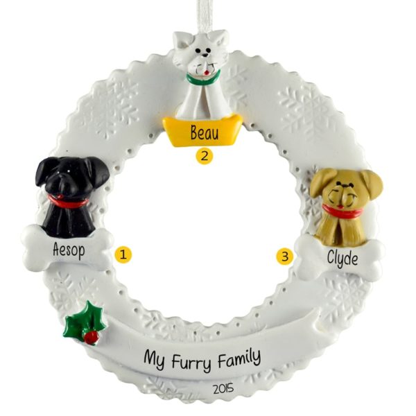 Image of 3 Pet Grandkids On Wreath Personalized Ornament