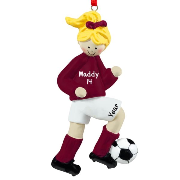 Image of Personalized GIRL Soccer Dribbling Ball MAROON Shirt Ornament BLONDE