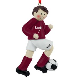 Personalized Soccer BOY Ornament MAROON Uniform BROWN Hair