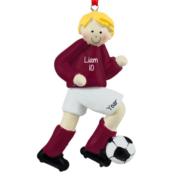 Personalized Soccer BOY Ornament MAROON Uniform BLONDE Hair