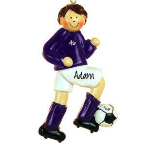 Personalized BOY Soccer Player PURPLE Shirt Ornament BROWN Hair