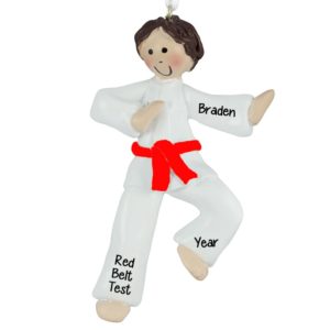 Personalized Karate Boy RED Belt Ornament BROWN Hair