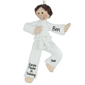 Personalized Karate Boy WHITE Belt Ornament BROWN Hair