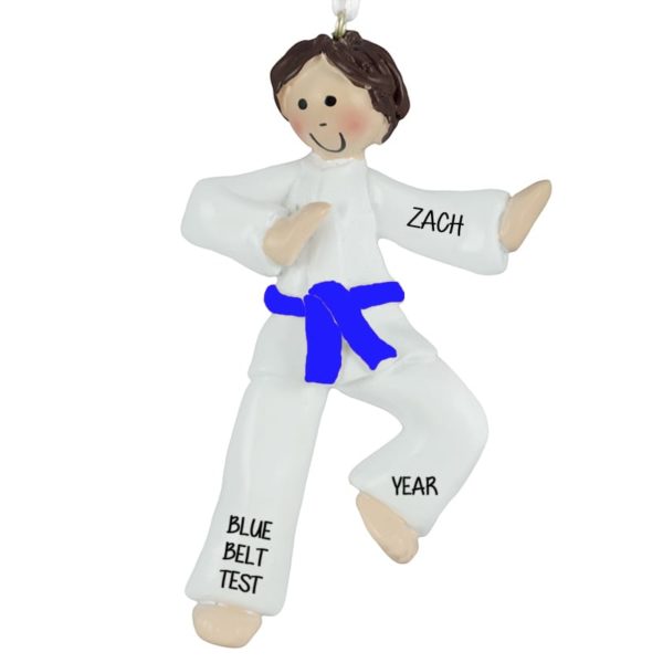 Image of Personalized Karate Boy BLUE Belt Ornament BROWN Hair