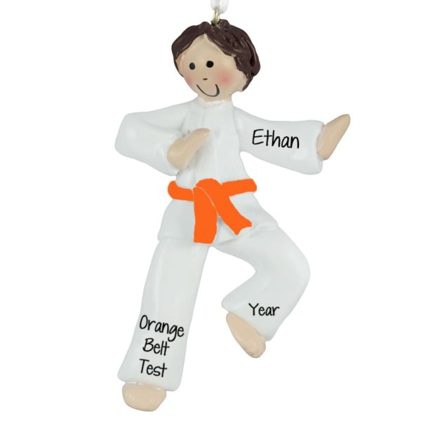 Personalized Karate Boy ORANGE Belt Ornament BROWN Hair