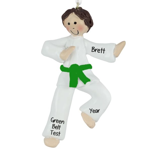 Personalized Karate Boy GREEN Belt Ornament BROWN Hair