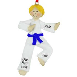 Personalized Karate Boy BLUE Belt Ornament BLONDE