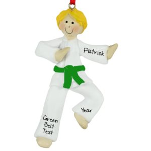 Personalized Karate Boy GREEN Belt Ornament BLONDE