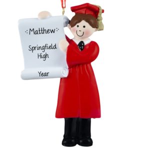 Personalized BOY Graduate RED Gown Ornament BROWN Hair
