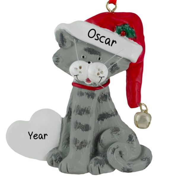 GREY TABBY Cat Wearing Santa Hat & Bell Ornament