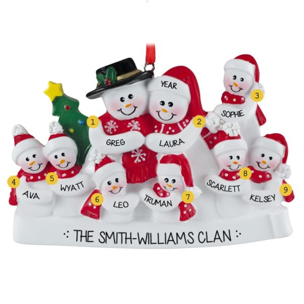 Snow Family Of 9 Red Scarves Personalized Ornament