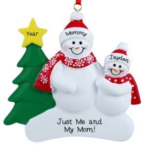 Single Parent + One Child Snowmen Red Scarves Ornament