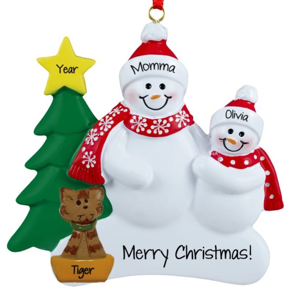 Single Parent + One Child & CAT Snowmen Red Scarves Ornament