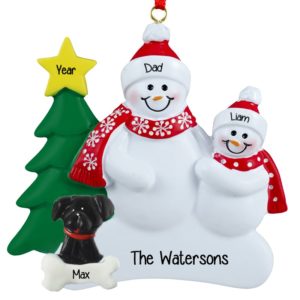 Single Parent + One Child & DOG Snowmen Red Scarves Ornament