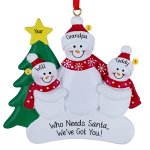 Grandpa With Two Grandkids Snowmen Red Scarves Ornament