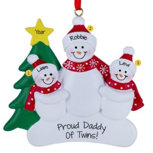 Father Of Twins Snowmen Wearing RED Scarves Ornament