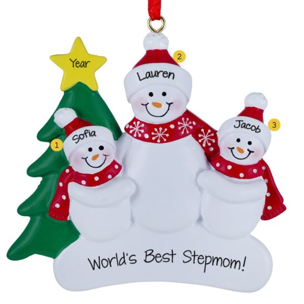 Stepmom With 2 Kids Snowmen Red Scarves Ornament