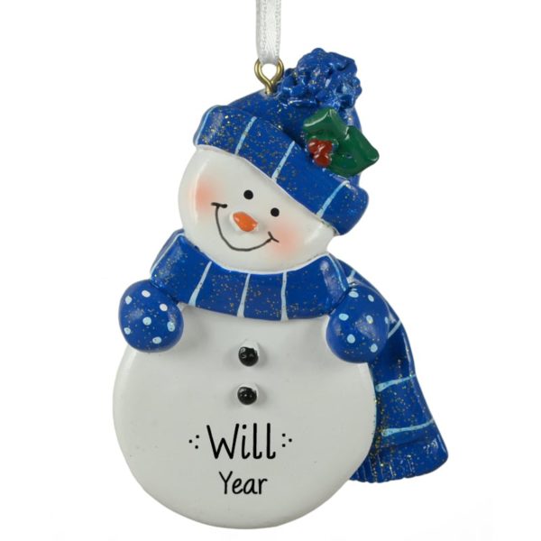 Snowman Wearing BLUE Striped Scarf & Hat Glittered Ornament