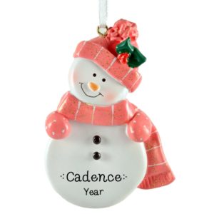 Snowman Wearing PINK Striped Scarf & Hat Glittered Ornament
