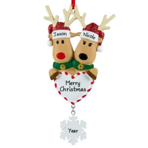 Personalized REINDEER Couple ON Heart Ornament Jingle Bells