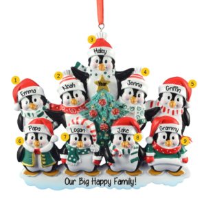 Family Of 9 Penguins Around Christmas Tree Ornament