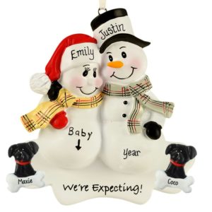 Personalized Expecting Snow Couple + 2 DOGS Plaid Scarves Ornament