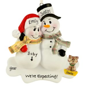 Personalized Expecting Snow Couple + CAT Plaid Scarves Ornament