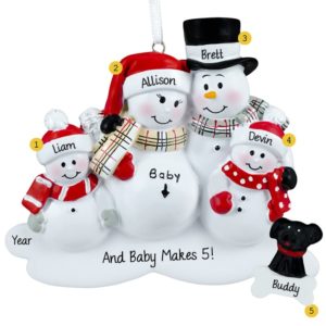 Personalized Expecting Snow Family Of 4 With DOG Ornament