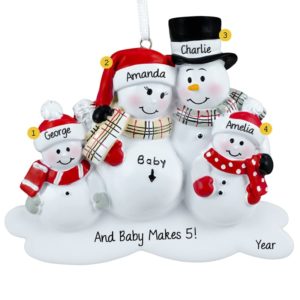 Personalized Expecting Snow Family Of 4 Plaid Scarves Ornament