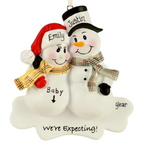 Personalized Expecting Snow Couple Plaid Scarves Ornament