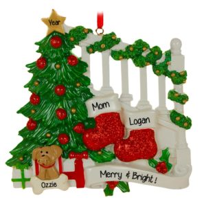 Single Parent & 1 Child + DOG Stockings On Bannister Ornament