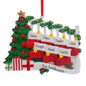 Family Of 7 Glittered Stockings On Bannister Christmas Ornament