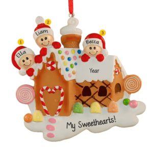 Three Grandkids Atop A Gingerbread House Ornament