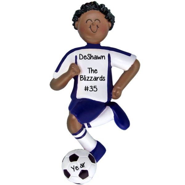 AFRICAN AMERICAN BOY Soccer Dribbling Ball BLUE Shirt Ornament