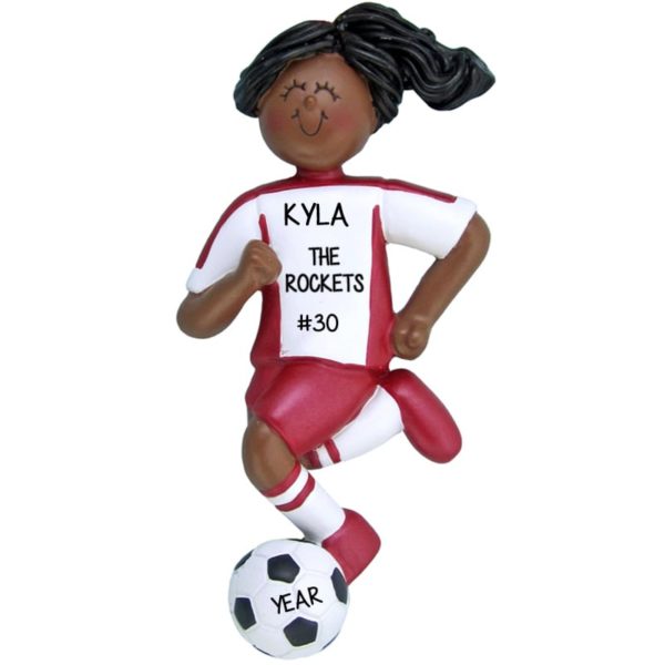 AFRICAN AMERICAN GIRL Soccer Dribbling Ball RED Shirt Ornament