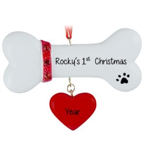 Puppy's 1st Christmas Dog Bone Dangling  RED Heart Ornament