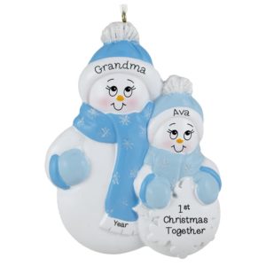 Grandparent With 1 Grandchild Snowmen Blue Ornament