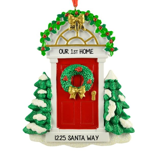 Image of Our 1st Home RED Door Snow-Covered Trees Ornament