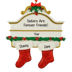 Two Sisters Stockings On White Mantle Christmas Ornament