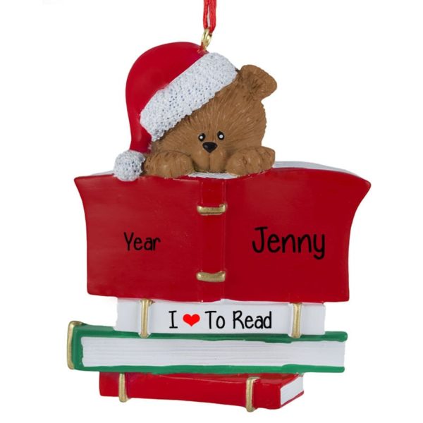 Tan Bear Reading Book Personalized Christmas Ornament