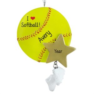 Personalized Softball With Dangling Cleats Ornament YELLOW