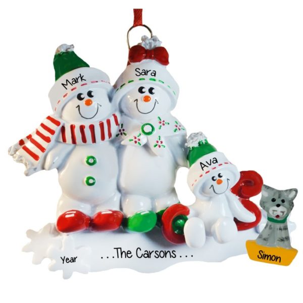 Personalized Snow Family of 3 + CAT On Sled Ornament