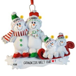 Grandparents + 2 Kids Snowmen On Sled Ornament